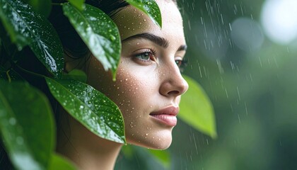 Closeup Portrait Of A Person Amidst Rain And Lush Green Foliage