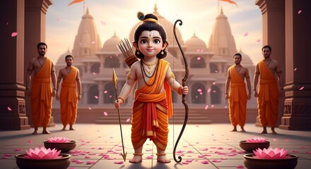 A cartoon depiction of rama holding a bow and arrow with monks and temple in the background art