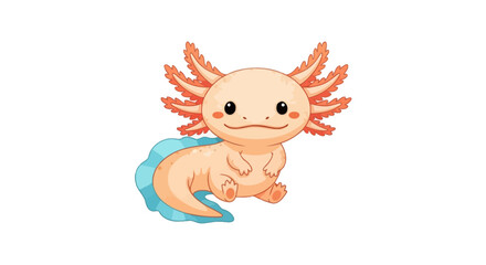 Naklejka premium Adorable cartoon axolotl, peach-colored, sits serenely with feathery gills.