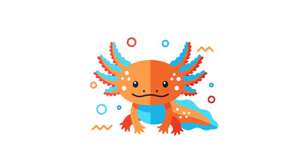 A cheerful, cartoon axolotl with orange and blue features, against a white background with playful shapes.