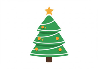 Stylized green christmas tree with orange ornaments and a yellow star on white background