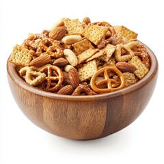 Wooden bowl filled with mixed snacks including pretzels almonds and crackers isolated on white background