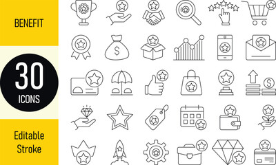 Benefits and Rewards Line Icon Set – Editable Stroke Style, Including rewards, bonuses, loyalty, stars, winners, awards, prizes, incentives, and more Editable stroke