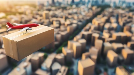 Airplane delivers package above cityscape, fast shipping