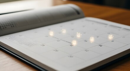 An open calendar or planner sits on a wooden surface, showing a blank monthly grid with subtle light reflections.