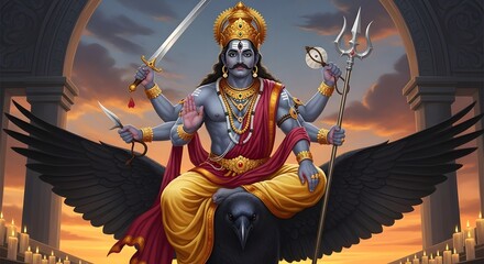 Illustration of shani dev seated on a crow with multiple arms holding weapons and wearing gold jewelry