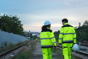 Railway Workers in High-Visibility Gear Walking on Tracks, Engineers or Technicians Inspecting...