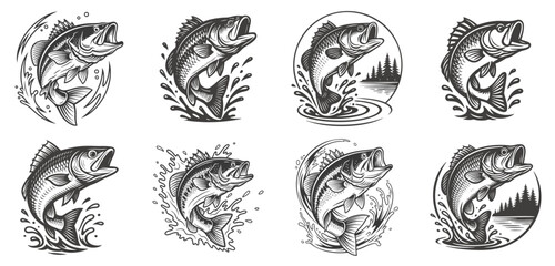 Vintage Sportfishing Bass Illustration Collection in Monochrome Line Art