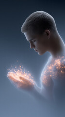 a person with parts of their body appearing transparent and glowing with a soft, internal light