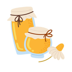 Homemade honey jars with floral accents on a bright background