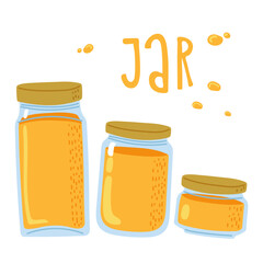 Colorful jars filled with honey placed in a row on a simple white background