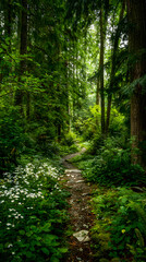 Fototapeta premium Serene Forest Walking Trail with Sunlit Path and Lush Green Foliage Inviting Exploration