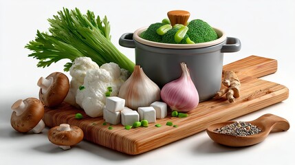 Fresh vegetables and ingredients arranged on a wooden cutting board, ready for cooking.