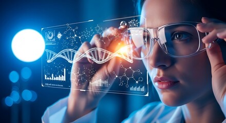 Scientific Research, Female Scientist, Laboratory, Digital Display, High-Tech Environment, Close-Up View, DNA Analysis Concept