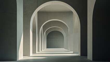 Fototapeta premium An architectural image shows a bare concrete interior space with elegant arches, with soft, natural light filtering through the openings,