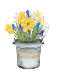 Bouquet of Spring Flowers in Antique Bucket with Label, Isolated Watercolor Illustration