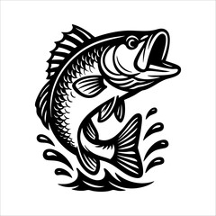 Set of Vintage Bass Fish Illustrations – Jumping and Splashing in Black and White