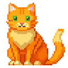 Obraz premium a pixel art illustration of an orange tabby cat with green eyes, pink inner ears, and a cream-colored chest and belly.