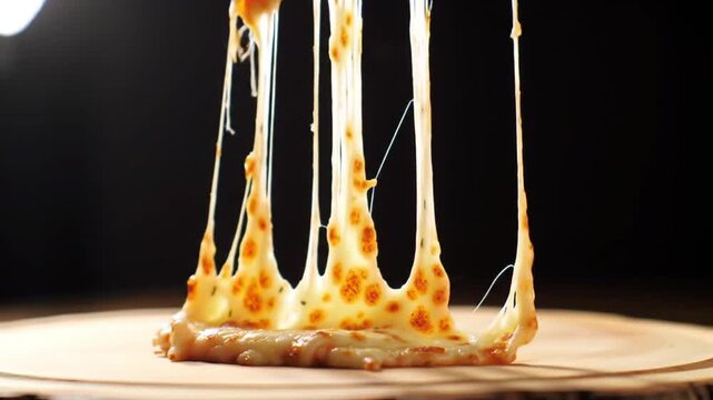 Melted Cheese Pulling Strings on Wooden Board