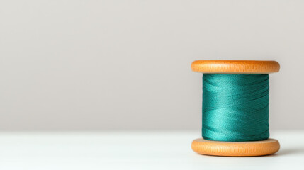 Spool of teal thread with wooden core sits on white surface against neutral background, evoking calm and simplicity