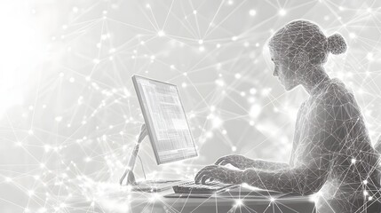 Woman working at a computer with digital connections.