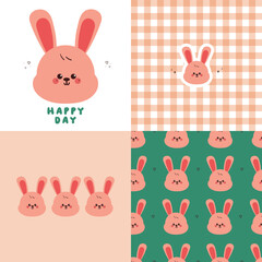 cute bundle of card and seamless pattern of cartoon pink bunny. cute pink animal card and checkered pattern for print
