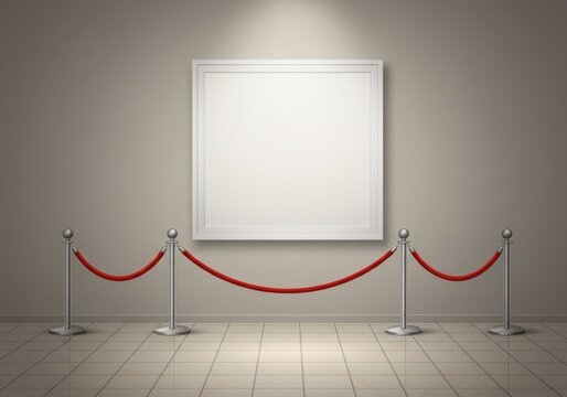 A blank white square canvas is displayed on a wall, protected by a red velvet rope