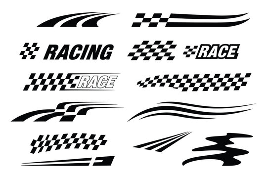 Set of racing stripes for car decals including checkered flag and speed line designs for automotive graphics and vehicle decoration