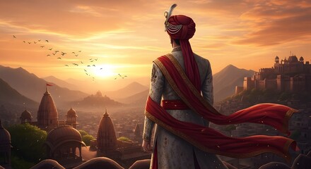A man in traditional indian attire overlooking a city at sunset with mountains in the background