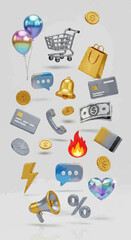 3D Glossy Shopping and E-commerce Icon Set in Colorful Style