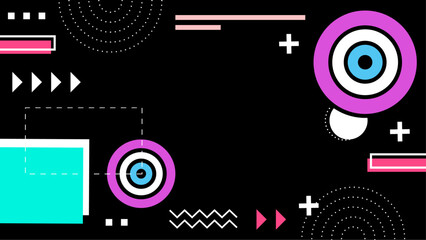 Obraz premium Abstract colorful geometric shapes on black background suitable for web design, backgrounds, posters, and digital art projects. Creative and modern.