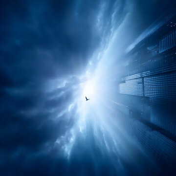icarus falling from the sky in a modern metropolis