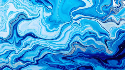 Fototapeta premium Abstract fluid art background with swirling blue and white liquid paint and glittering silver accents.