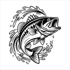 Set of Vintage Bass Fish Illustrations – Jumping and Splashing in Black and White