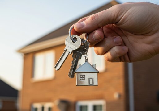 A hand holds house keys with a house-shaped keychain, with a residential building in the blurred background