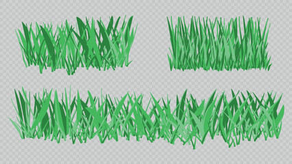 A set of three cartoon grass patches in vibrant green tones. Perfect for landscapes, games, cards, and nature scenes. Isolated on transparent background. Vector available in EPS10.