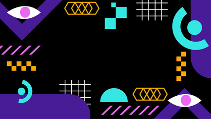 Colorful geometric shapes and eyes on black background. Great for abstract design projects, social media posts, and contemporary art concepts.
