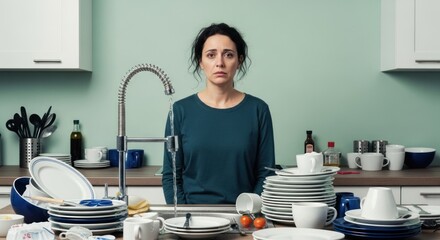 Photo of a sad woman stands in her kitchen, overwhelmed by a pile of dirty dishes in the sink