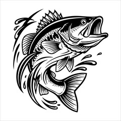 Set of Vintage Bass Fish Illustrations – Jumping and Splashing in Black and White