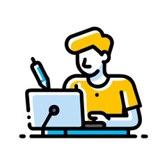 A graphic designer is working on his laptop with a pen isolated on white background