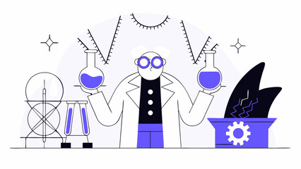 A scientist in a lab coat conducts experiments with beakers and test tubes