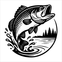 Set of Vintage Bass Fish Illustrations – Jumping and Splashing in Black and White