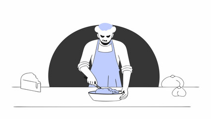 A skeleton chef is preparing a dish in the kitchen with a knife