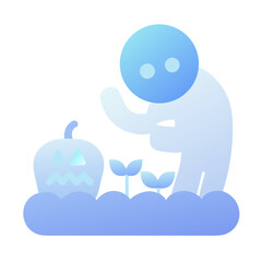 A spooky gardener tends to his pumpkin patch, isolated on white background