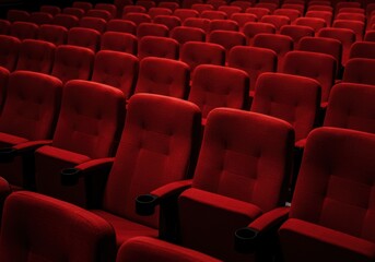 Fototapeta premium An array of empty, deep red theater seats with cup holders in a dark cinema