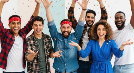 Photo of a diverse group of friends celebrates with joy and excitement, raising their arms in a cheerful party atmosphere