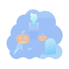 A spooky ghost visits a pumpkin patch in a graveyard, isolated on white background