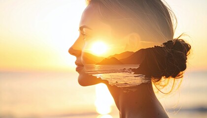 Serene Portrait Of A Woman At Sunset Seascape