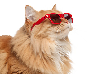 Fluffy Ginger Cat Wearing Stylish Red Sunglasses.