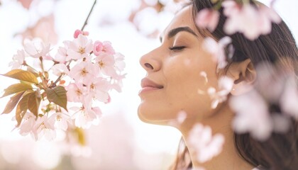 Serene Woman And Delicate Pink Blossoms In Spring